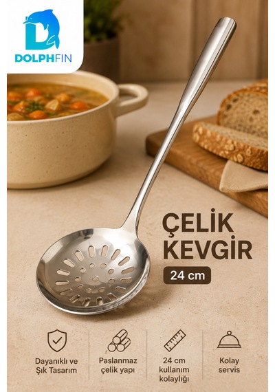 24 Cm Paslanmaz Çelik Delikli Kevgir Kaşık Süzgeç Servis Kepçesi Gümüş