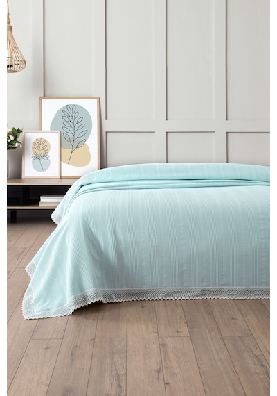 Tek Kişilik İki Renk Dantelli Petek Pike -waffle Dokuma Pike-160x230 Cm Bebe Mavisi