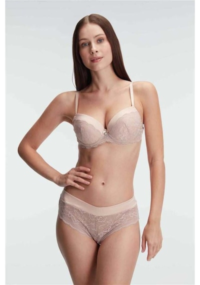 Lisinya Destekli Balenli Kaplı Dantel Detaylı Sütyen Slip İç Çamaşırı Takımı Pudra Lisinya Destekli Balenli Kaplı Dantel Detaylı Sütyen Slip İç Çamaşırı Takımı Pudra