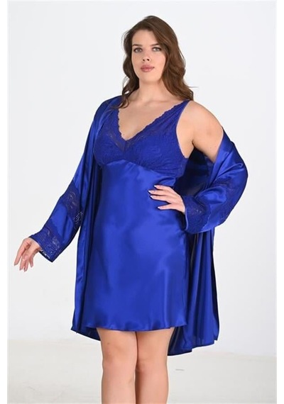 Aria's Closet Premium Büyük Beden Saten Dantel İşlemeli Saks 2'li Gecelik Sabah Aria's Closet Premium Büyük Beden Saten Dantel İşlemeli Saks 2'li Gecelik Sabah