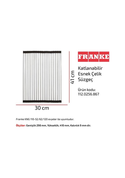 Franke Rulo Katlanabilir Esnek Çelik Süzgeç, 30x41 Cm, 112.0256.867 Paslanmaz Çelik