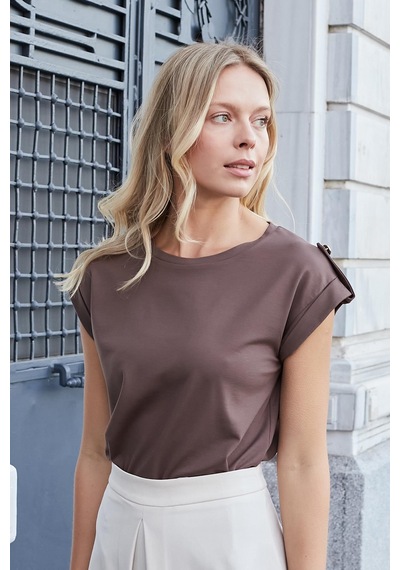 Jument Kadın Kaliteli Likrasız Span Kumaş Geniş Sıfır Yaka Duble Kollu Apoletli Düğmeli T-shirt Bluz-kahve Kahve