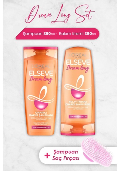 Elseve Dream Long Onarıcı Şampuan 390 Ml, Bakım Kremi 390 Ml Ve Şampuan Fırçası
