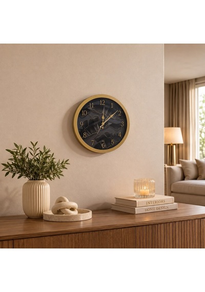 Marble Gold Siyah Mermer Desenli Dekoratif Duvar Saati-7948