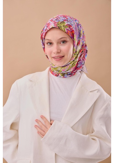 Silk Home Olinda İpek Eşarp 47002-38 Çelik Mavi, Turuncu, Yağ Yeşili, Vizon