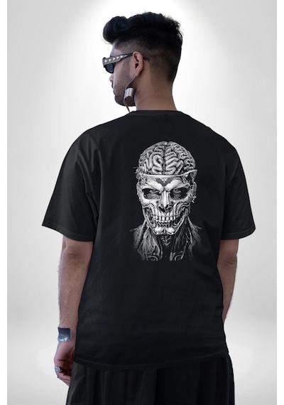İnsan Beyni Korku Sineması Pamuklu Unisex Oversize Sırt Dijital Baskılı Siyah T-shirt Siyah