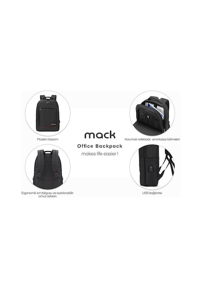 Mack Mcc-006 15.6" Office Usb Girişli Notebook Sırt Çantası Siyah