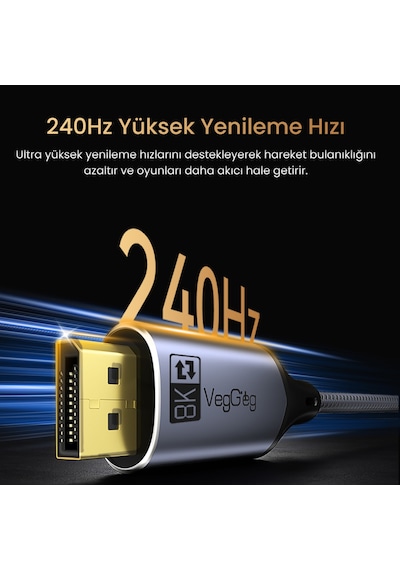 Veggieg Type-c To Dp Kablo 8k 60hz 4k 240hz Hdr Arc 48gbps Örgülü Çift Yönlü Görüntü Kablosu 1 Metre