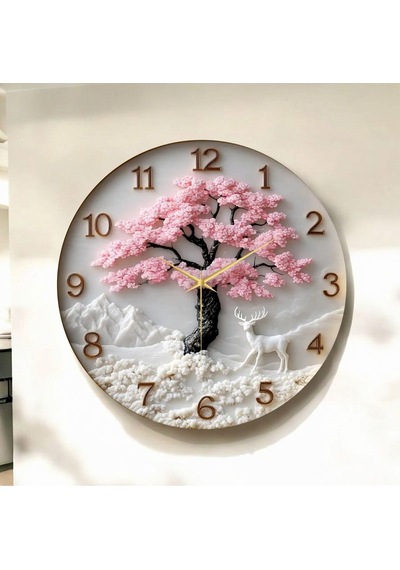 Renkli Baskı Ağaç Doğa Desenli Sayılı Hediyelik Ahşap Sessiz Duvar Saati 50cm ÇOk Renkli