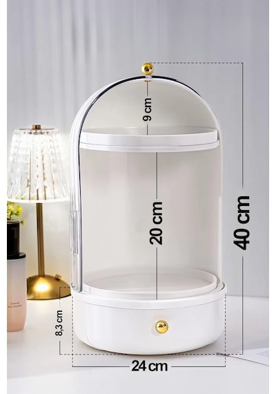 Vitrin 360 Derece Dönen Çekmeceli Raflı Kozmetik Makyaj Organizeri Standı / Takı Düzenleyici
