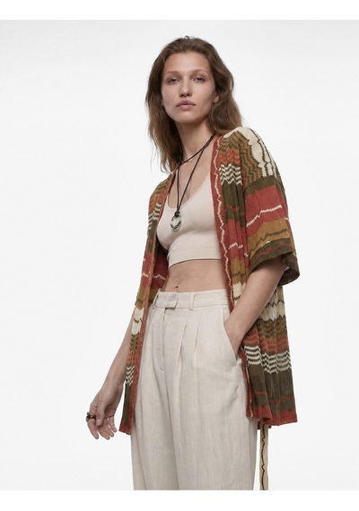 Koton Pointelle Örgü Kısa Kollu Kemerli Desenli Oversize Kimono Hırka Haki Desenli 6sak30075ek
