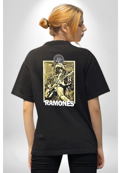 Ramones Rock Kulüp Pamuklu Unisex Oversize Sırt Dijital Baskılı Siyah T-shirt Siyah