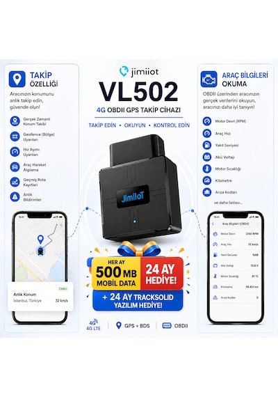 Jimiiot Jimi Iot Vl502 4g Gps Araç Takip Ve Obd Araç Bilgisayarı Canlı Takip, Araç Verileri, Obdıı Tak & Çalıştır