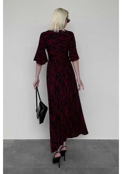 Madmext Bordo Zebra Desenli V Yaka Yarım Kollu Elbise Mg2394
