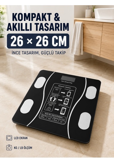 180 Kg Akıllı Cam Tartı Bluetooth Vücut Yağ Kas Su Ve Bmı Ölçüm Destekli Baskül