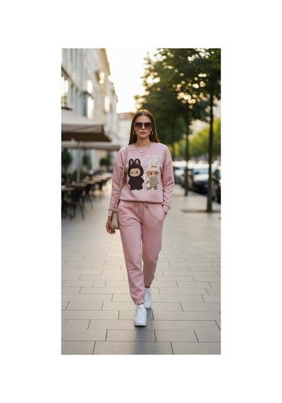 The Kadın Soft Touch Ayıcık Desenli %100 Pamuk Sweatshirt - Casual Fit- Krem/pembe Pembe