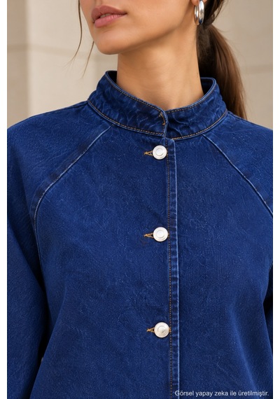 Polo State Kadın Hakim Yaka Raglan Kollu Düğmeli Denim Ceket - Lacivert