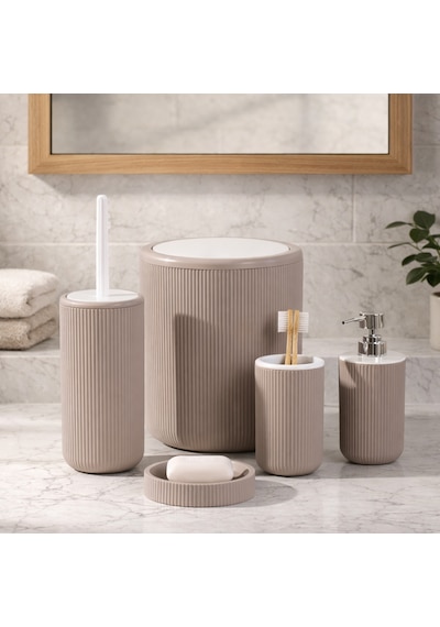 Perotti 33031500001-3 5 Parça Yuvarlak Banyo Seti - Çöp Kovası, Sabunluk, Diş Fırçalığı Ve Silikon Wc Fırçası Taupe-beyaz Beyaz - Kahverengi