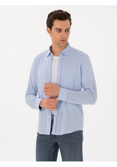 Cacharel Açık Mavi Slim Fit Pamuk Karışımlı Alttan Biritli Fitilli Gömlek Denım