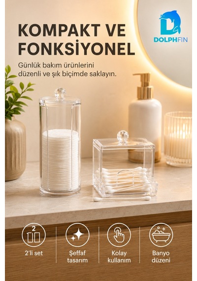 2 Li Şeffaf Makyaj Organizer Seti Pamuk Ve Kulak Çubuğu Saklama Kutus
