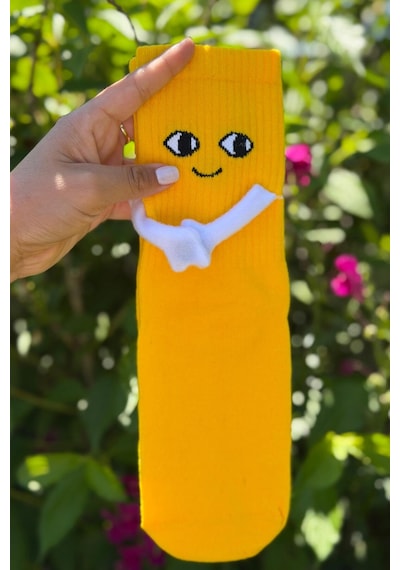 Lousocks Unisex Sarı El Ele Tutuşan Halay Çeken Sevimli Yüz Desenli Soket Çorap