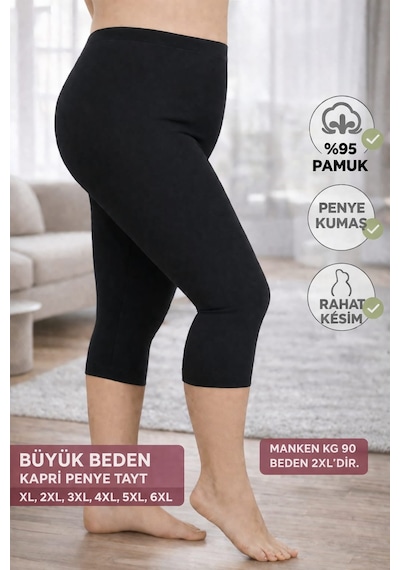 Medament Büyük Beden Ağlı Kapri Penye Tayt Extra Büyük Beden Rahat Kalıp, Yüksek Bel Siyah