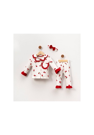 Bebegen Kız Çocuk Ekru Kırmızı Lale Desenli Fırfırlı Bandanalı Pijama Takımı Çok Renkli