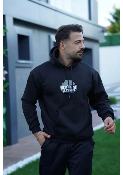 Efnaz Style Erkek Sırt Baskılı Kapüşonlu Üç İplik Oversize Sweatshirt - Siyah