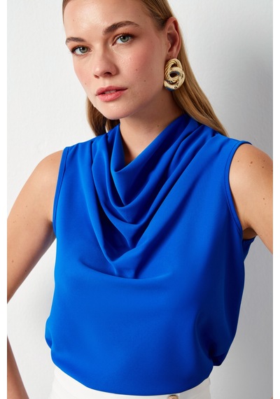 Sateen Degaje Yaka Kolsuz Bluz - Saks Mavisi