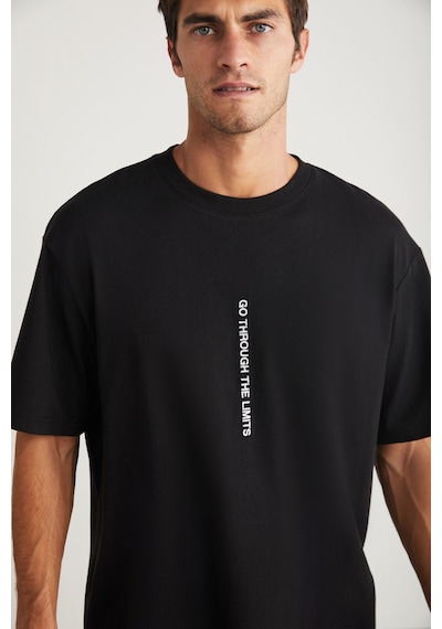 Grimelange Harald Erkek Bisiklet Yaka %100 Pamuk Baskı Detaylı Siyah T-shirt