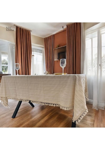 Dnc Home Tekstil  Buldan Dokuması Çizgili Krem Keten Ponponlu Masa Örtüsü 001