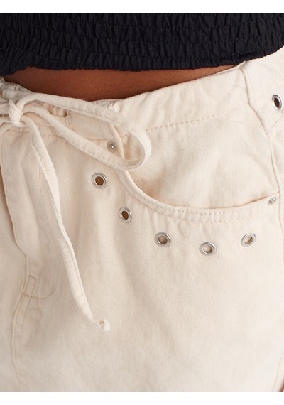 Dilvin 80587 %100 Pamuk Kuşgözü Detaylı Mini Denim Etek-ekru
