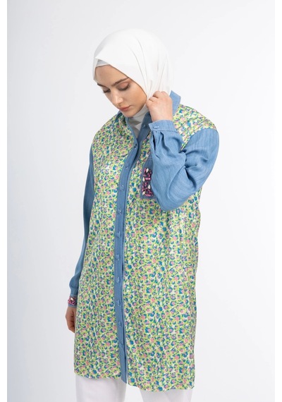 Pureva Taş İşlemeli Tencel Ve Desen Kumaşlı Tunik - Desen - 3 Çok Renkli