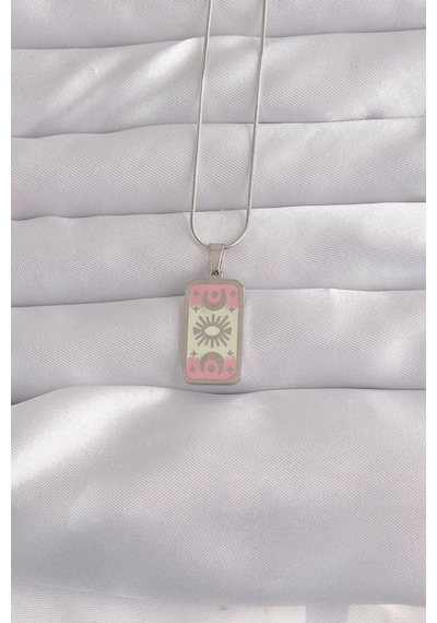 316l Çelik Gümüş Renk Pembe Mineli Ay Figür Tarot Kolye - Özel Seri Bzsurn009120