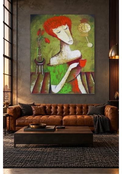 Fida Kızıl Saçlı Kadın Çay Molasında Canvas Tablo Çok Renkli