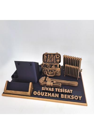 Kişiye Özel Sıhhı Tesisatçı Masa İsimliği Ve Kartvizitlik Gold - Siyah