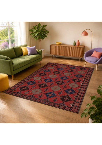Kartela Halı Afgan Türkmen Desenli Otantik Halı Kırmızı Kaymaz Taban Makinede Yıkanabilir 80x120 Cm