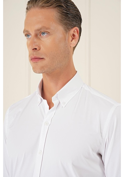 Efor Slim Fit Düğmeli Yaka Esnek Pamuk Klasik Beyaz Gömlek Gk 727 Beyaz