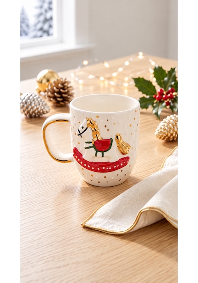 Atlı Karınca Seramik Mug 300 Ml El Yapımı 24k Altın Detaylı Yılbaşı Kupası Altın - Kırmızı