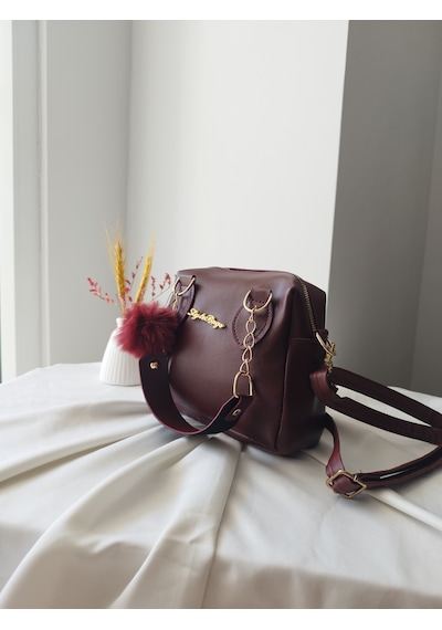 Vivazzaluxe Mini Boy Deri Puf Charm Detaylı El Omuz Ve Çapraz Çanta Bordo