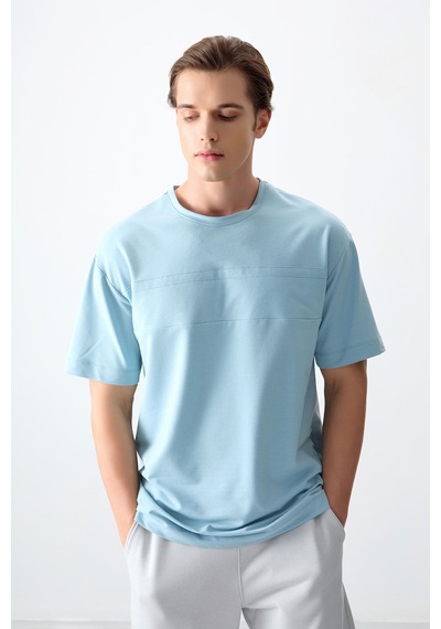Air Jones Tommy Life Açık Mavi Pamuklu Kalın Yumuşak Dokulu Oversize Fit Basic Erkek T-shirt - 88378 Açik Mavi