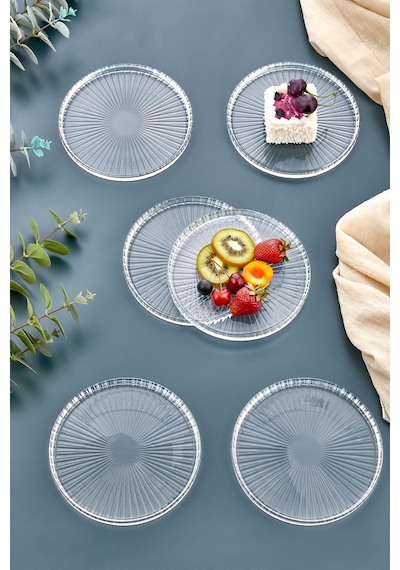 6 Lı Pasta Tabağı Seti - 6 Kişilik Lüks Cam Kek Pasta Takımı - Tatlı Tabağı 16cm