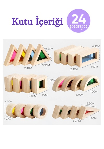 Oyuncak Ahşap Bloklar Rainbow Blok Seti 24 Parça Waldorf Eğitici Doğal Ahşap Geometrik Renkli Blok