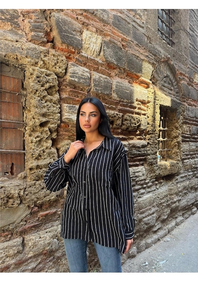 WeShaya Siyah Çizgili Oversize Pamuklu Düğmeli Gömlek Siyah