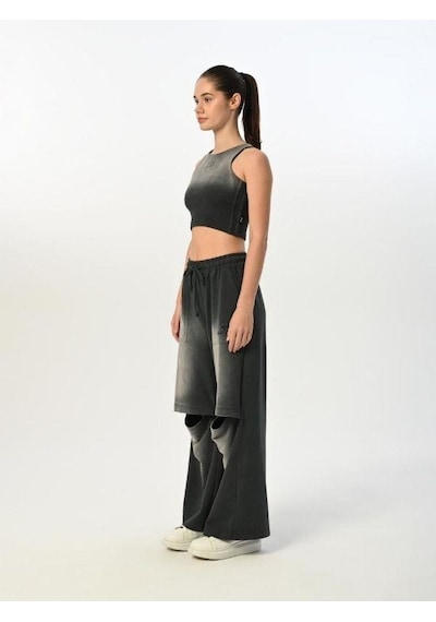 Kız Çocuk Pamuklu Sıfır Kol Crop Bluz-15518 Füme