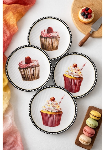 Grandora Pasta Tabağı Cupcake Desenli 6 Adet, 20 Cm Pasta, Tatlı Sunum Tabağı Seti, Doğum Günü Tabağı Çok Renkli