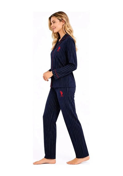 U.S. Polo Assn. Kadın %100 Pamuk Boydan Düğmeli Pijama Takımı Lacivert