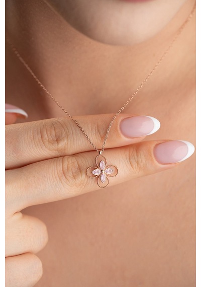 925 Ayar Gümüş Rose Kaplama Pembe Taşlı 4 Yapraklı Yonca Kolye Rose Gold