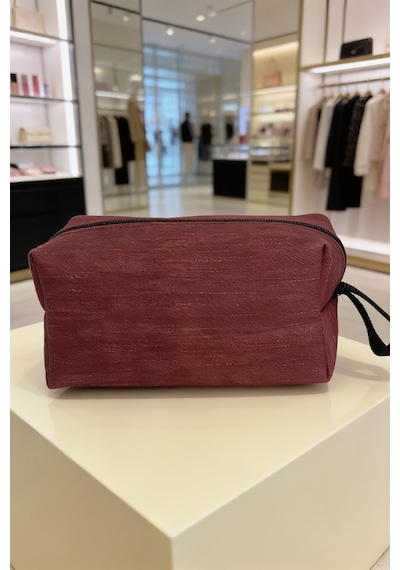 Bordo Keten Dokulu Kozmetik Çantası Çok Amaçlı Seyahat Organizer