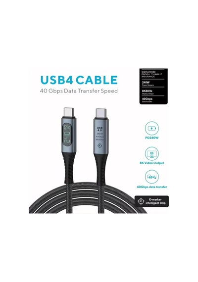 240w Usb 4.0 Kablosu, Led Ekranlı, Tunderbolt 40gbps 8k 60hz Pd Tip C Kablosu, Usb C - Usb C Erkek - Erkek Kablo Kablosu Bilgisayar Type-c Laptop Pad Hub İçin 1 Metre Zr850